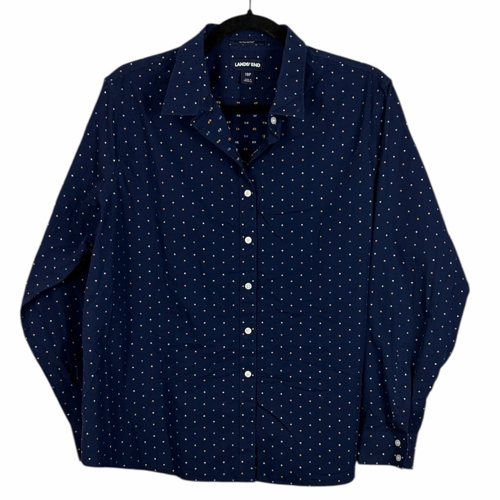 Lands' End Polka Dot Supima Cotton Long Sleeve Button Down Shirt Size 18 Petite
